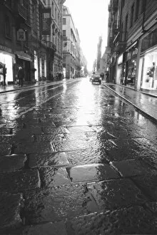Black and White Collection: Turin Italy, Wet Street Evening