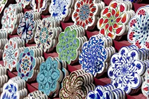 Images Dated 11th September 2011: Turkey, Istanbul. Colorful hand painted souvenir pottery coasters