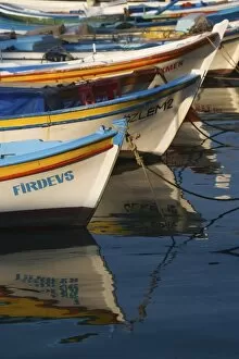 Turkey, Kusadasi along the Aegean Sea with the brighly colored fishing boats