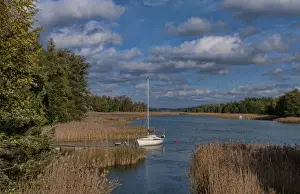 Prints of Turku, Finland. Sailboat on water in harbor near Turku Holiday Club Images Dated 2027 October: Turku, Finland. Sailboat on water in harbor near Turku Holiday Club