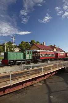 Carriage Prints: Turntable and West Coast Wilderness Railway Train at Railway Station, Regatta Point