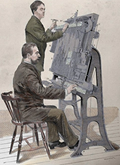 Industry Prints: Typographic composing new machine. Engraving by W. Meyer for Artistic Illustration