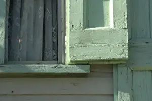 U. S. Virgin Islands, St. Croix: Christiansted architecture, window with lace
