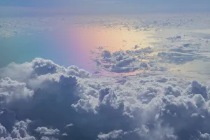 Images Dated 15th February 2017: U. S. Virgin Islands, St. Thomas. Aerial view of clouds and rainbow over the Caribbean Sea