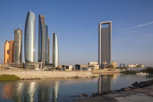 Prints of UAE, Abu Dhabi, skyline, Etihad Towers and ADNOC Tower Images Dated 2018 June: UAE, Abu Dhabi, skyline, Etihad Towers and ADNOC Tower