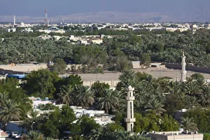 Prints of UAE, Al Ain, elevated view of town and the Al Ain Oasis Images Dated 2018 June: UAE, Al Ain, elevated view of town and the Al Ain Oasis