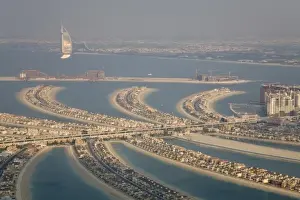 Jumeirah Prints: UAE, Dubai. Aerial of Palm Jumeirah artificial islands shaped like palm fronds