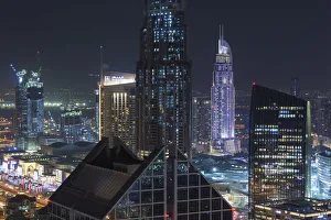 Elevated View Prints: UAE, Dubai, Downtown Dubai, The Address Downtown Hotel, elevated view, dusk