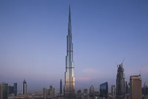 Prints of UAE, Dubai, Downtown Dubai, Burj Khalifa, worlds tallest building as of 2016, elevated view, dawn Images Dated 2018 June: UAE, Dubai, Downtown Dubai, Burj Khalifa, worlds tallest building as of 2016