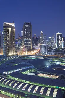 Prints of UAE, Dubai, Downtown Dubai, Dubai Mall, elevated view, evening Images Dated 2018 June: UAE, Dubai, Downtown Dubai, Dubai Mall, elevated view, evening