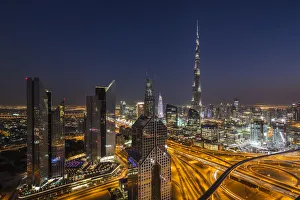 UAE, Dubai, Downtown Dubai, eleavted view over Sheikh Zayed Road and Burj Khalifa Tower