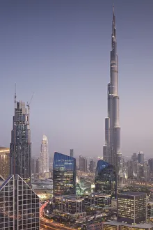 UAE, Dubai, Downtown Dubai, eleavted view over Sheikh Zayed Road and Burj Khalifa Tower