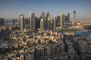 UAE, Dubai, Downtown Dubai, elevated view of Downtown area