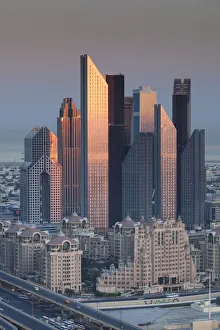 Prints of UAE, Dubai, Downtown Dubai, elevated view of skyscrapers on Sheikh Zayed Road from downtown, dawn Images Dated 2018 June: UAE, Dubai, Downtown Dubai, elevated view of skyscrapers on Sheikh Zayed Road from downtown