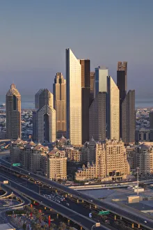 UAE, Dubai, Downtown Dubai, elevated view of skyscrapers on Sheikh Zayed Road from downtown