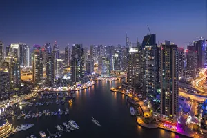 Prints of UAE, Dubai, Dubai Marina, elevated view of the marina, dusk Images Dated 2018 June: UAE, Dubai, Dubai Marina, elevated view of the marina, dusk