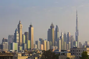 Prints of UAE, Dubai, Jumeira, skyscrapers along Sheikh Zayed Road, skyline from Jumeira, dusk Images Dated 2018 June: UAE, Dubai, Jumeira, skyscrapers along Sheikh Zayed Road, skyline from Jumeira, dusk