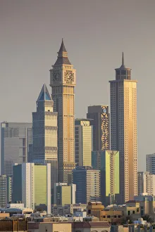 Images Dated 27th October 2015: UAE, Dubai, Jumeira, skyscrapers along Sheikh Zayed Road, skyline from Jumeira, dusk