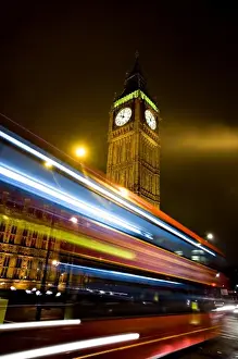 Big Ben Prints: UK, London. Big Ben and the Houses of Parliament with Iconic London Red Bus