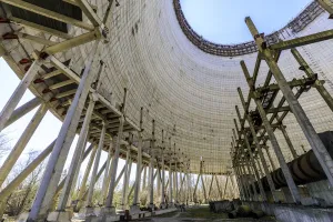 Prints of Ukraine, Pripyat, Chernobyl. Inside the unfinished cooling tower for reactors 5 and 6 which were never completed Images Dated 2019 June: Ukraine, Pripyat, Chernobyl. Inside the unfinished cooling tower for reactors 5