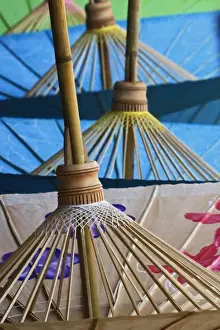 Underside of decorative umbrellas drying after being hand painted, Bo Sang, near Chiang Mai