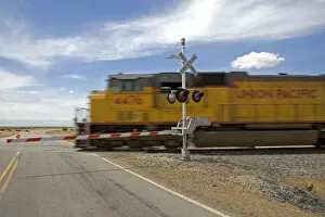 Union Pacific locomotive at a railroad crossing near Mountain Home, Idaho