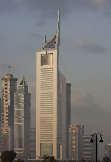 Smog Prints: United Arab Emirates, Dubai. Emirates Towers and The Tower in morning light. Credit as