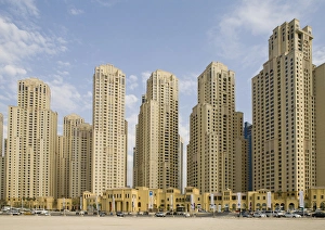 United Arab Emirates, Dubai, Marina. Jumeirah Beach Residence buildings behind beach