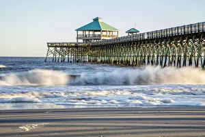 Relaxation Prints: United States, North Carolina, Folly Beach, Surf at the Pier on the Beach