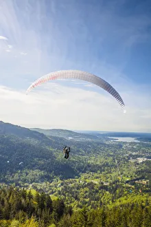 King County Prints: United States, Washington, Issaquah. Paragliders launch from Tiger Mountain and soar