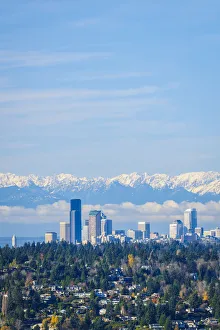 King County Prints: United States, Washington. Seattle skyline and Olympic mountains viewed from Bellevue