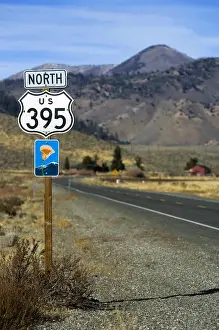 Inyo Prints: An upward view of a Highway 395 North sign post including a California Scenic Highway