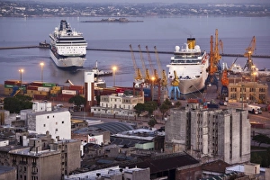 Images Dated 28th February 2009: Uruguay, Montevideo Department, Montevideo. Cruise ship in port, aerial, dawn