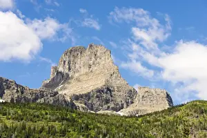 Hike Prints: US, MT, Glacier NP. Iceberg Lake Trail vista dominated by Mt Wilbur
