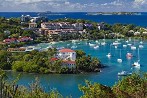 U.S. Virgin Islands, St. John. Cruz Bay, elevated town view with The Battery