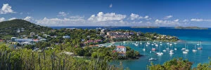 U.S. Virgin Islands, St. John. Cruz Bay, elevated town view with The Battery