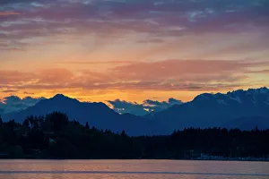 Salish Sea Prints: US, WA, Kitsap County. Dramatic sunset Olympic Mountains