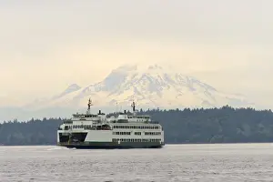 Bremerton Prints: US, WA, Puget Sound. Seattle / Bremerton ferry with Mt Rainier