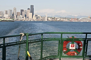 Elliott Bay Prints: US, WA, Seattle, Puget Sound. Bainbridge Island ferry departs from Elliott Bay Seattle