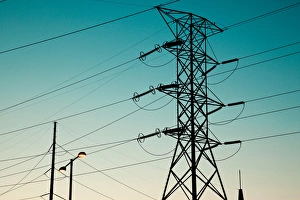 USA, Alabama, Florence. Wilson Lock and Dam, Electrical Power Lines, dawn