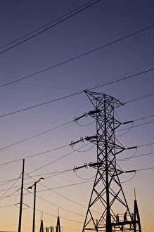 Power Line Prints: USA, Alabama, Florence. Wilson Lock and Dam, Electrical Power Lines, dawn