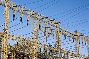 USA, Alabama, Florence. Wilson Lock and Dam, Electrical Power Lines, morning
