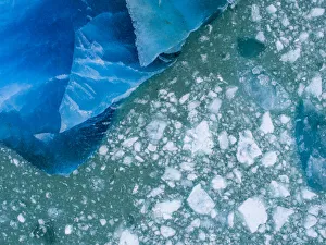 Images Dated 24th October 2018: USA, Alaska, Aerial view of shattered icebergs floating near calving face of LeConte