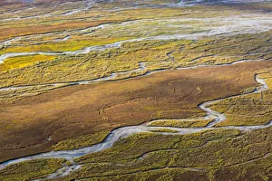 USA, Alaska, Brooks Range, Arctic National Wildlife Refuge. Aerial of braided river and tundra