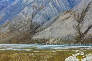 USA, Alaska, Brooks Range, Arctic National Wildlife Refuge. Aerial with mountains and Ivishak River