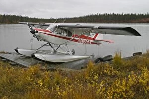 USA. Alaska. A Cessna Super Cub on floats awaits better weather near the Denali Highway