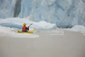 Sea Kayak Prints: USA, Alaska, Endicott Arm. Sea kayaker at Dawes tidewater glacier. (MR)