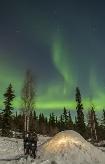 Spruce Prints: USA, Alaska, Fairbanks. A quinzee snow shelter and aurora borealis