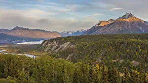 USA, North America, Alaska Prints: USA, Alaska. Fall colors in the Matanuska River Valley with the Matanuska Glacier in