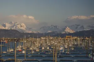 Homer Prints: USA, Alaska, Homer. Small boat marina with Kachemak Bay State Park across the bay